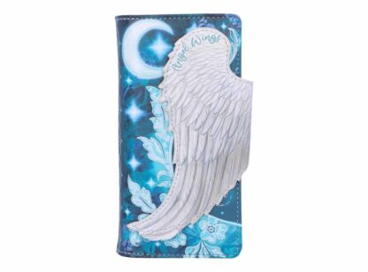 This embossed purse features a white angel wing stretching across the front - the backdrop is a crescent moon and floral embellishments. The wing is actually the closure to the front flap and once opened it reveals the words when features appear angels are near. The colours are a variety of calm and soothing blues.