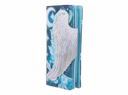 Side view showing the angel wing closing the front flap which has spaces for cards, and the zippered compartment for notes and coins.