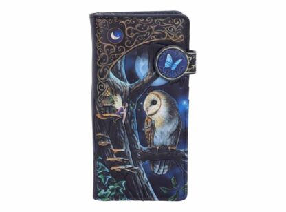 The front of the purse features an owl sitting on a branch staring into the eyes of a tiny fairy who sits outside her fairy door set into a tree. The wallet is dark blues with yellow and gold embellishments