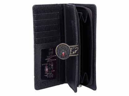 The open purse shows the front flap open to reveal card slots, and the separate zippered section for notes and coins. The purse closes with a snap closure decorated with a red back spider.