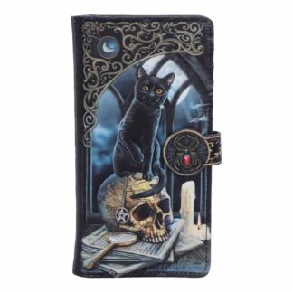 On the front of the purse a black cat sits on a skull enscribed with a map of Salem. The cat holds a chain from which a pentagram hangs in its paws. The skull rests on a stack of newspapers and next to a dripping white candle. Spooky!