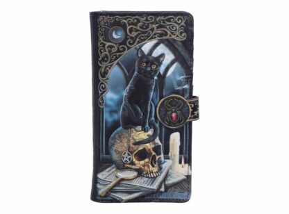 On the front of the purse a black cat sits on a skull enscribed with a map of Salem. The cat holds a chain from which a pentagram hangs in its paws. The skull rests on a stack of newspapers and next to a dripping white candle. Spooky!