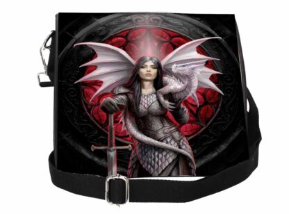 The front flap features a warrior clad in silver scale armour.  She rests her hand on a bloody sword.  Around her shoulders sits a white dragon, its wings outstretched and tail curled around her waist.  The backdrop is a red stained window.  The colours are reds, white and grey.