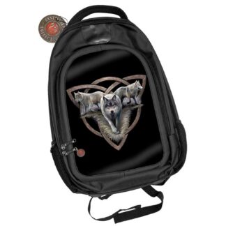 This backpack has a definite wolf theme. Three silvery brown wolves are walking away from a three sided celtic knot. One right, one left, and one straight to the viewer. Anne Stokes is one talented cookie. The image covers the front flap of the black backpack - that section has a zip to open and close and the main body has a zip to open and close it.