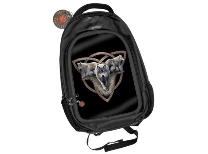 This backpack has a definite wolf theme. Three silvery brown wolves are walking away from a three sided celtic knot. One right, one left, and one straight to the viewer. Anne Stokes is one talented cookie. The image covers the front flap of the black backpack - that section has a zip to open and close and the main body has a zip to open and close it.