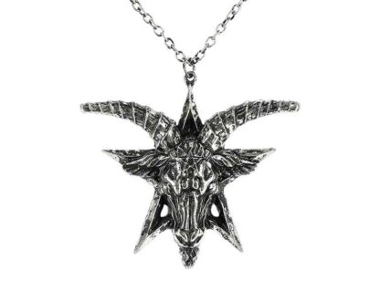 This large silver pendant is a goats head with magnificent horns and an upright pentagram on its forehead
