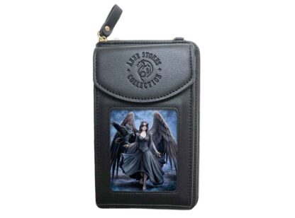 On the front of this phone pouch and purse is an angel with huge black wings, flowing black hair and dress with a raven perched on her right arm. The background is blue grey clouds.