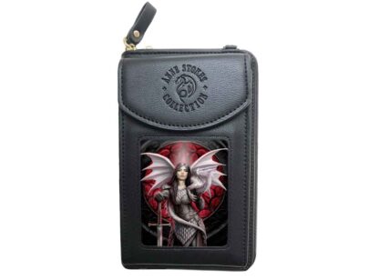 On the front of this phone pouch and purse is a warrior clad in scale mail armour. A white dragon is curled around her shoulders held up by one hand, a sword in the other. She’s standing in front of a red shield – the colours are predominantly red and black.  On the back there is a white dragon motif against a red dragon-scales stained glass window. 