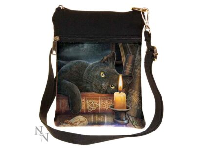This black canvas bag is inset with a PU image of a black cat resting on a couple of witchy books. A candle burns in front of it. The atmosphere is one of magical contemplation.