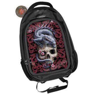 The front of this canvas backpack features the Anne Stokes Oriental Dragon design. A skull dominates the image and is decorated with red swirling patterns. A blue dragon sits on top of the skull and roars at the viewer, its tail wound around the skull. The background is a repeating pattern of red chinese-style dragons against a black background.