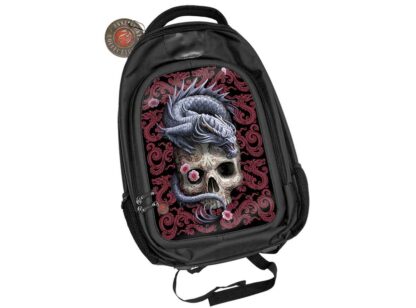The front of this canvas backpack features the Anne Stokes Oriental Dragon design. A skull dominates the image and is decorated with red swirling patterns. A blue dragon sits on top of the skull and roars at the viewer, its tail wound around the skull. The background is a repeating pattern of red chinese-style dragons against a black background.
