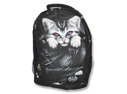 The front of the backpack features a white and black kitten with purple eyes. The print makes it look like the kitten is sitting in a pouch at the front of the pack and has ripped it up with its claws. Naughty kitty!