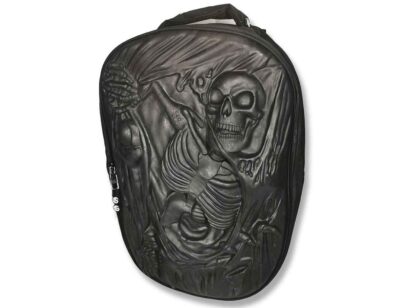 The image is of a skeleton ripping its way out of the backpack towards the viewer. But rather unusually it's all done in black hard rubber giving it a marvellously 3D effect - very tactile and interesting.