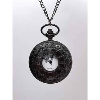 The closed fob watch is a black metal inscribed with swirling decorations around etched roman numerals. In the centre is a glass panel revealing the hands of the watch