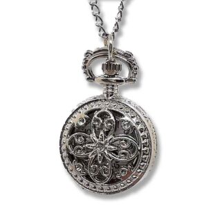 This small silver fob watch is decorated with a four petal flower which is surrounded by floral embelishments