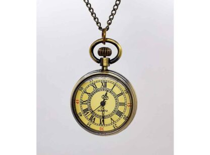 This fob watch has no cover, inside the antique gold surround sits a yellowed watch face with black roman numerals and black hands
