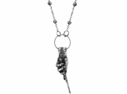 A small silver hand grasps and points with a magic wand. This pendent is hung on a ring and then on a chain punctuated with small silver balls
