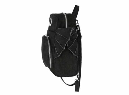 The side of the backpack - the wings press-stud closed. You can access the central pocket without unpressing the studs, but for easier access, pull them apart!