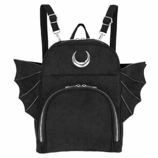 A black backpack decorated with a silver crescent moon. To either side of the pack there stretches batwings. You can see a silver zippered pouch on the front