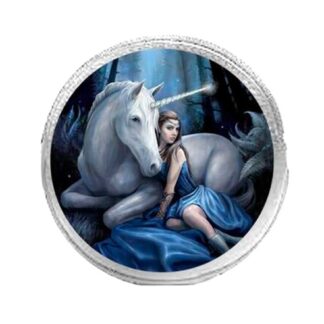 This cute little silver coin purse has a 3D image of a woman in a flowing and shimmery blue dress. She's seated next to a white unicorn who is gently nuzzling her. A blue moon hangs in the sky above them.
