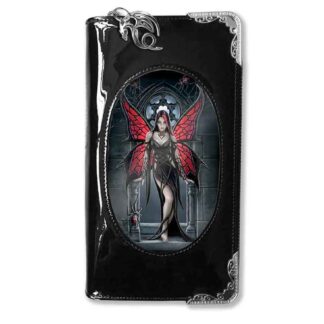 A black shiny PVC purse with a 3d image of a black clad woman with red wings, black hair with a red streak and a redback spider necklace. A further redback spider crawls up the side of the image. Not one for people who aren't fond of our creepy crawly friends!