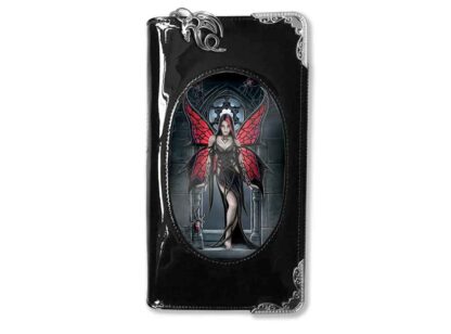 A black shiny PVC purse with a 3d image of a black clad woman with red wings, black hair with a red streak and a redback spider necklace. A further redback spider crawls up the side of the image. Not one for people who aren't fond of our creepy crawly friends!