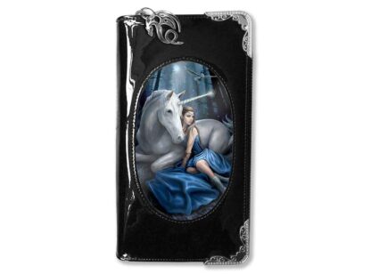 This sleek and shiny PVC purse has a 3D image of a woman in a flowing and shimmery blue dress. She's seated next to a white unicorn who is gently nuzzling her. A blue moon hangs in the sky above them.