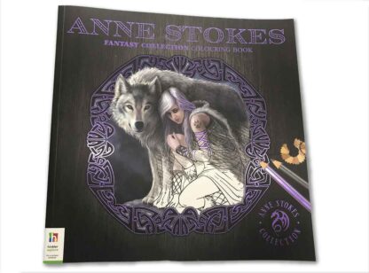 The front of the colouring book is black and purple with a girl and a wolf