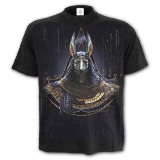 The front of this black t-shirt has anubis in gold and blue and grey with the assassins creed logo around him