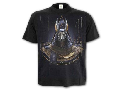The front of this black t-shirt has anubis in gold and blue and grey with the assassins creed logo around him