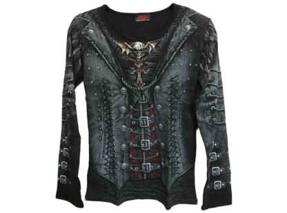The front of this long sleeved black grey top has a printed corset with lacing and buckles over a red top. A grinning skull sits just below the neckline above a gothic cross.