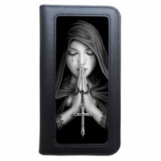 The front of this sleek phone wallet features a hooded lady, eyes closed and hands pressed together in prayer. A rosary cross is wound around her hands with the ornate cross dangling between them. Tears streak down her face.