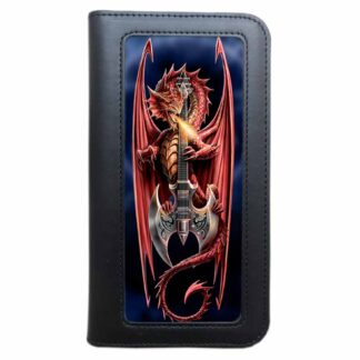 The front of this phone wallet has a red dragon breathing flame, wings stretched behind it. It's holding a grey electric guitar in the shape of an axe. Its tail is curled around the bottom of the guitar.