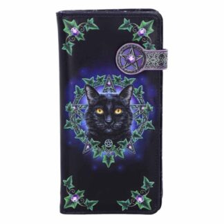 A black cat with yellow eyes stares at the viewer. A pentagram hangs from its collar and it is surrounded by ivy leaves. Further ivy leaves decorate the corners of the purse and the magnetic snap has a pentagram on it.