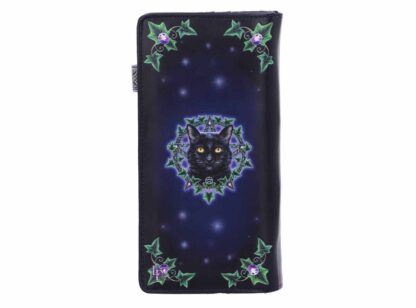 The back of the purse repeats the front with the cat surrounded by vine leaves in front of a pentagram - very witchy