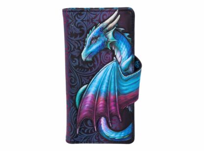 The front of this purse shows a blue and purple dragon - it's wing reaches around the purse and forms the magnetic snap fastening. Behind the dragon is a purple and blue baroque style patterning - think swirling leaves and branches.