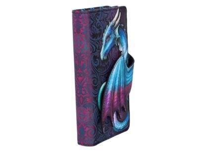 The side of the purse shows more of the baroque, swirling blue and purple design