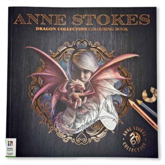 The front of the Anne Stokes Dragon Collection colouring book features her Dragonkin artwork - a girl holding a baby dragon in her hands - so cute