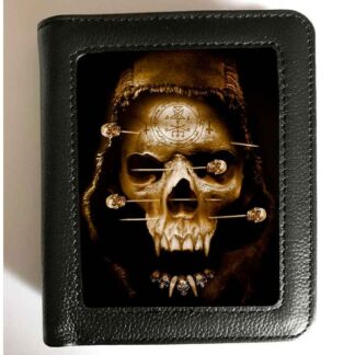 A 3D image is inset into the front of this wallet. It features a grinning skull with alchemical symbols including an inverted pentagram inscribed on its forehead. Down the face it's pierced with long skull-topped needles. It's creepy and a little scary.
