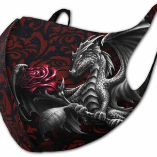 Against a red tribal patterned backdrop, a grey dragon curls protectively around a red rose