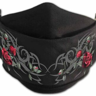black full face mask with red roses and grey tribal patterns