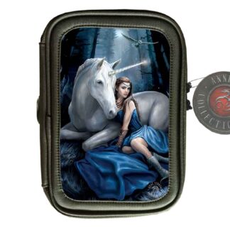 the front of this tablet case has a woman sitting next to a white unicorn who is curled protectively around her. She's wearing a shimmering blue dress.