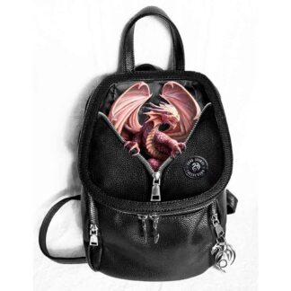 The front panel of this black backpack features a red dragon peeking through a zipper, holding the sides open with its claws. Super cute!