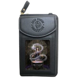 The front of this combo phone holder and purse is the Anne Stokes The Summoning artwork. Standing in front of a huge pentagram backdrop, a witch weaves her magic over a bubbling black cauldron. Emerging from the red liquid is a smokey whispy white dragon curling around in front of her.