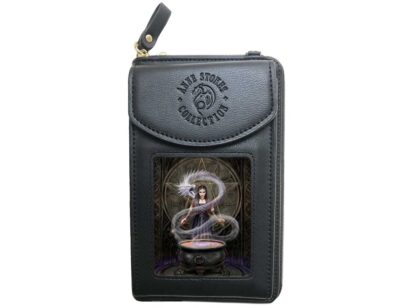 The front of this combo phone holder and purse is the Anne Stokes The Summoning artwork. Standing in front of a huge pentagram backdrop, a witch weaves her magic over a bubbling black cauldron. Emerging from the red liquid is a smokey whispy white dragon curling around in front of her.