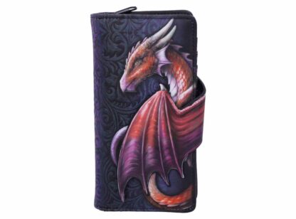 A red dragon against a blue background, the red wing forms the purse closure