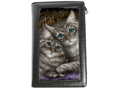 Two grey and white tabby cats with blue eyes stare at the viewer with longing on the front of this black purse