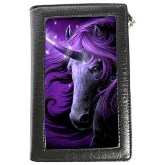 Fan of purple and unicorns - this is the purse for you - the front flap has a white unicorn highlighted with purple staring towards the viewer