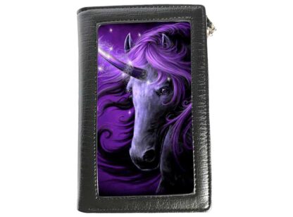 Fan of purple and unicorns - this is the purse for you - the front flap has a white unicorn highlighted with purple staring towards the viewer