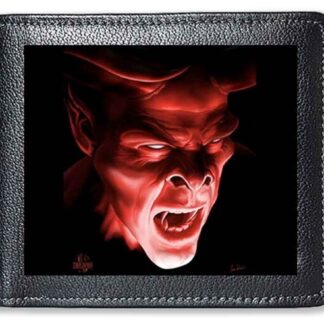 The front of this goth wallet has a red demon emerging from the shadows - his mouth is open to reveal sharp vamire teeth as he snarls at the viewer